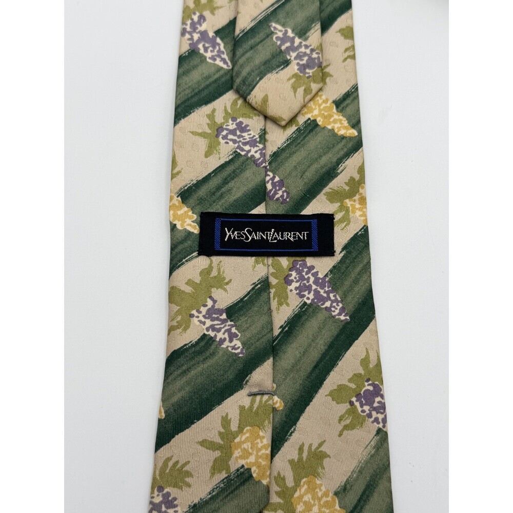 Yves Saint Laurent Necktie 100% Silk Tie Green Beige Floral Abstract Print Tie - Picture 6 of 9